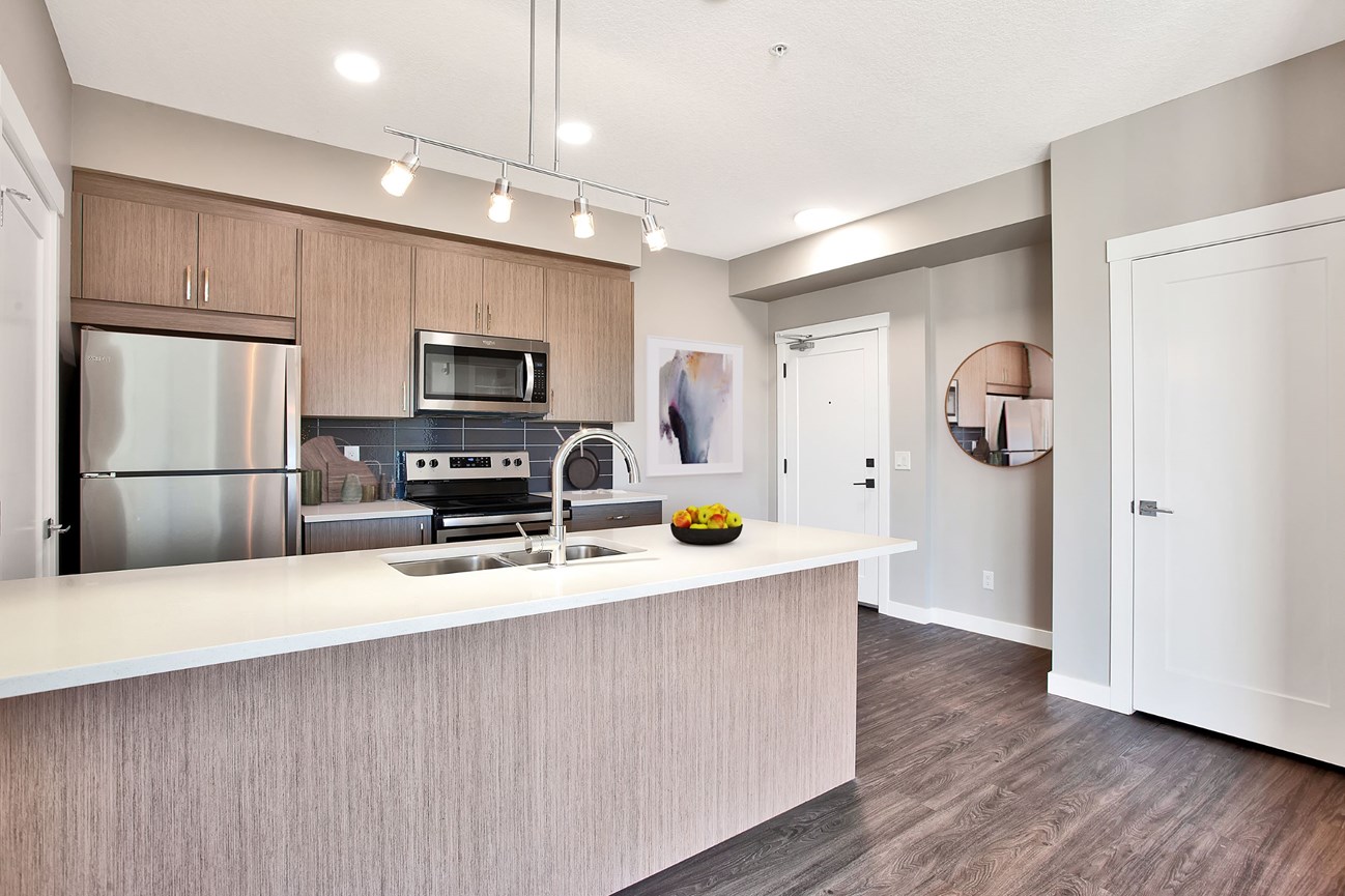 Kitchen layout at The Level apartments in Seton, quartz countertops